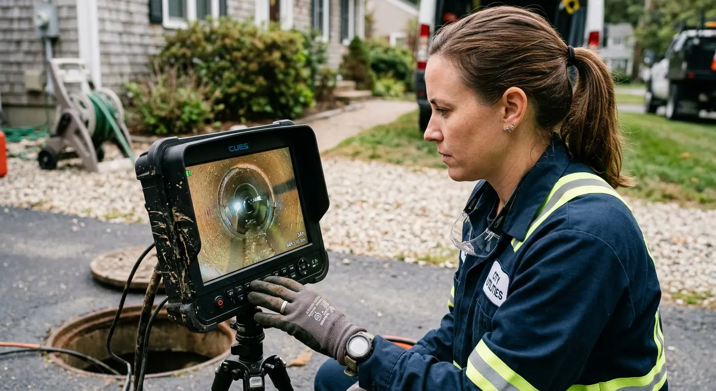 Technician reviewing sewer camera inspection footage in Quantico Base