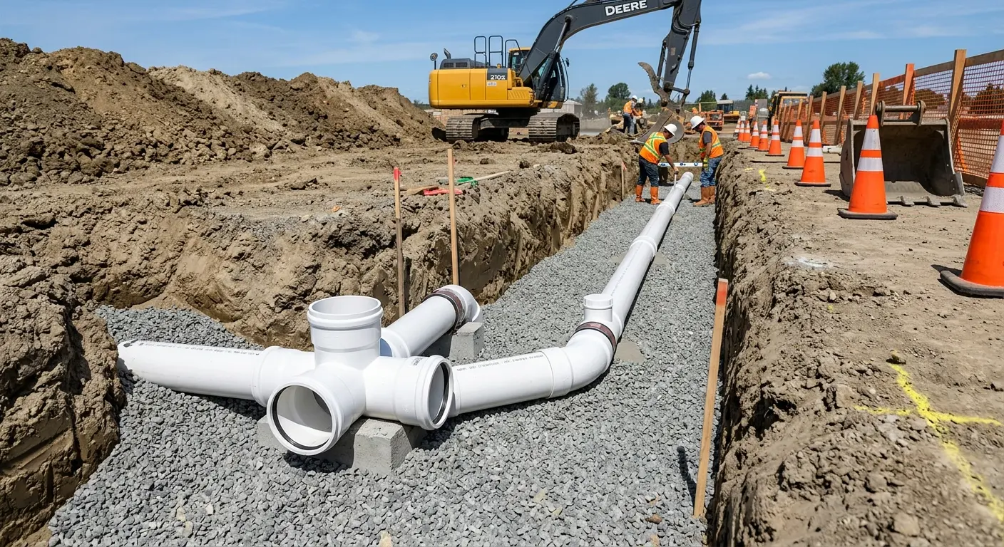 New PVC sewer pipe installation in open trench for Grease Trap Cleaning in Quantico Base