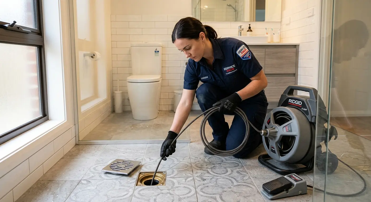Technician clearing a bathroom floor drain for Hydro Jetting in Quantico Base